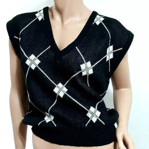Loubella Vintage 80's Knit Vest Women Size L Diamonds pattern Black White